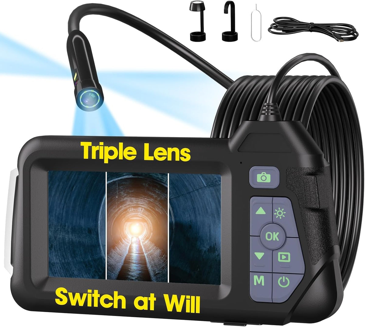 Endoscope Camera with Light,Triple Lens 1080P HD Borescope,16.4ft/5M Cable,2MP IP67 Waterproof Inspection Camera,2600mAh Battery,8GB Storage (M60-3lens-8GB-5M)