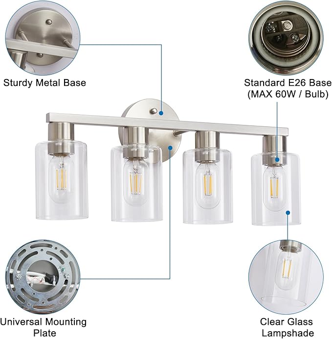 4 Light Bathroom Vanity Light, Brushed Nickel 4-Light Bathroom Light Fixtures