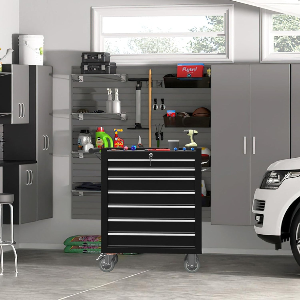 7-drawer rolling tool chest with wheels, tool box showing dimensions