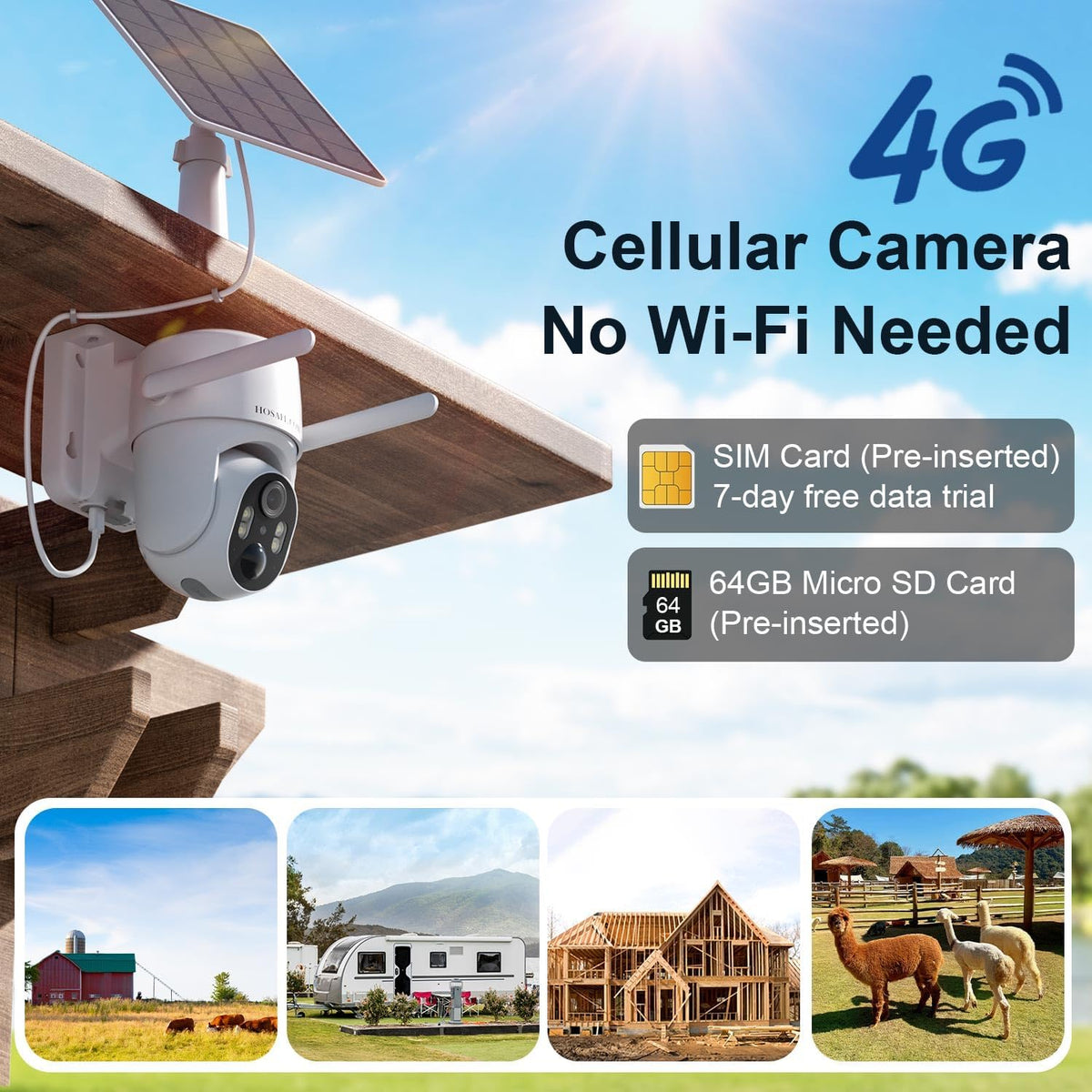hosafe.com 4g lte cellular security camera no internet, close-up detail