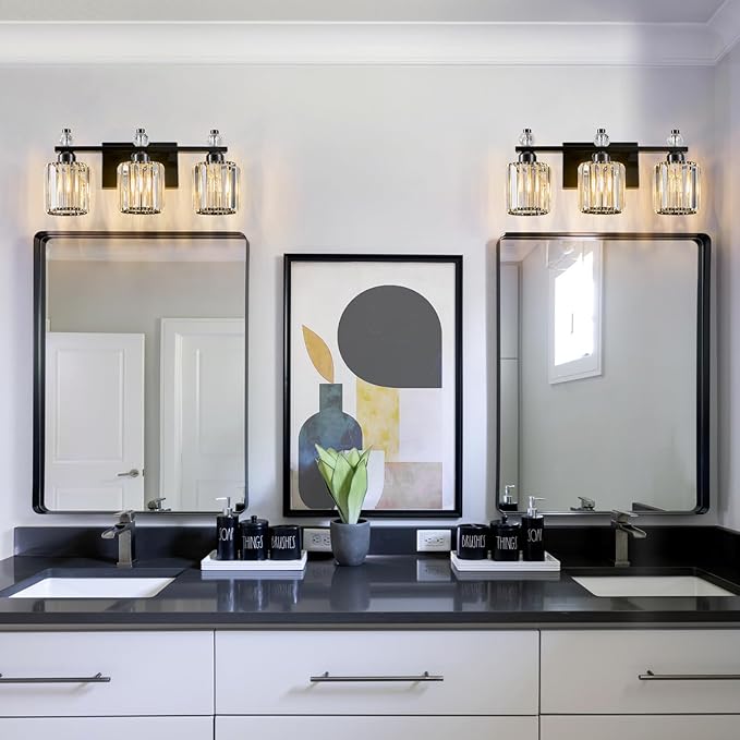 FDPBY Bathroom Vanity Lights 3-Light Plating Black Modern Crystal Vanity Light