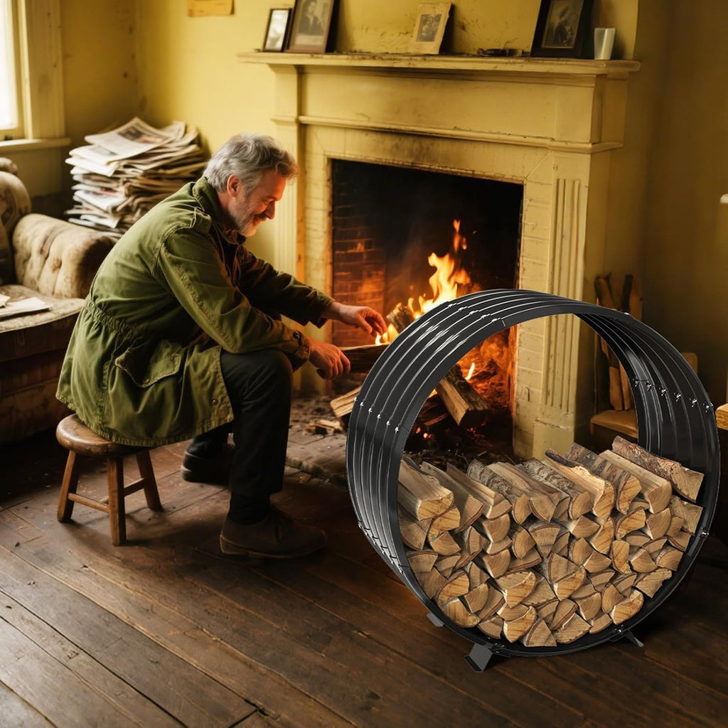 32" Round Metal Firewood Rack Circle with 4X Metal Support Outdoor / Indoor