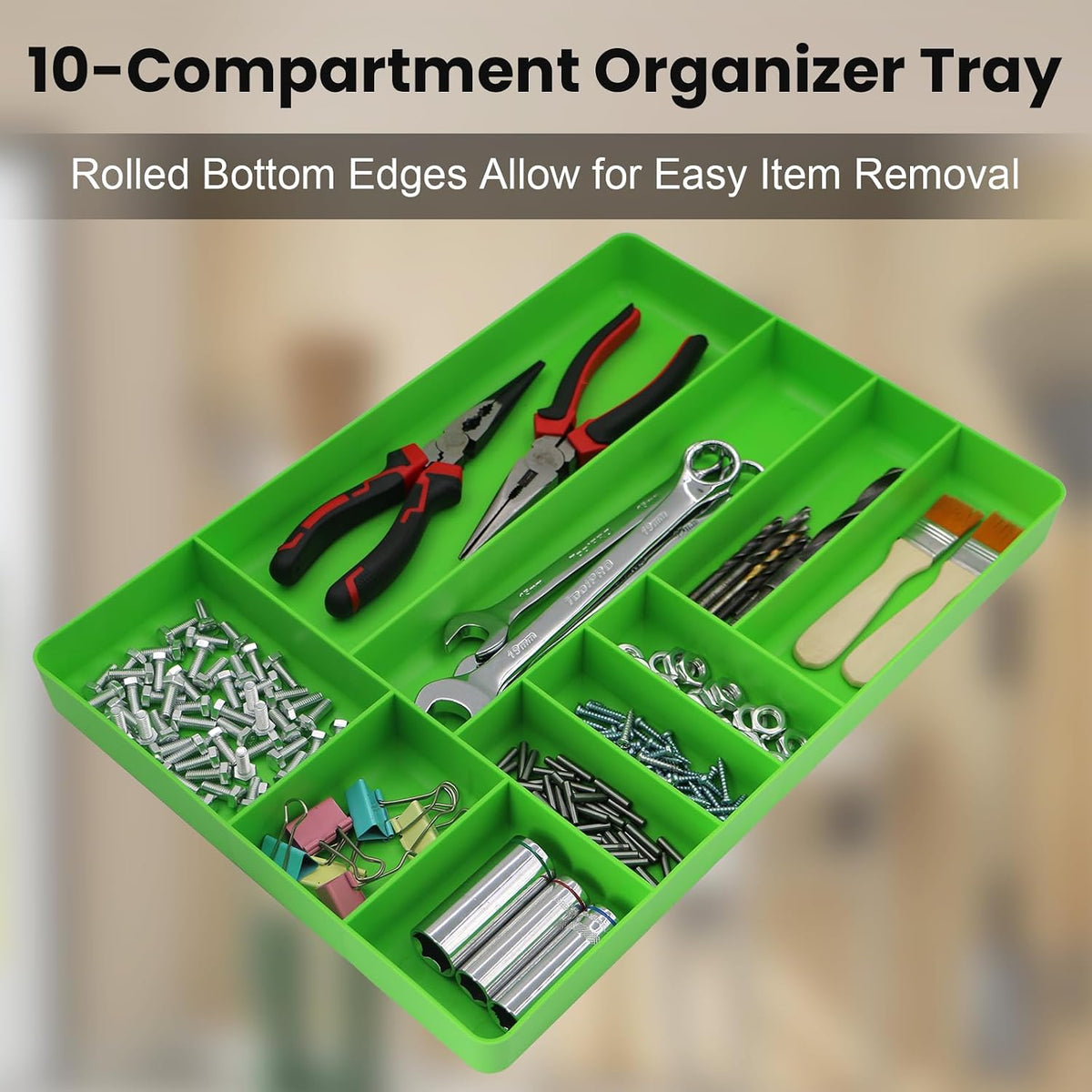 10-compartments tool box organizer tray (2, green) showing dimensions