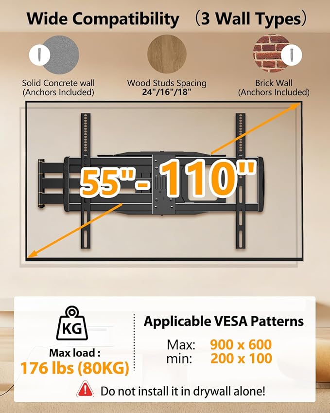 FORGING MOUNT 43–110 inch Long Arm Full Motion TV Wall Mount Holds 176 lbs