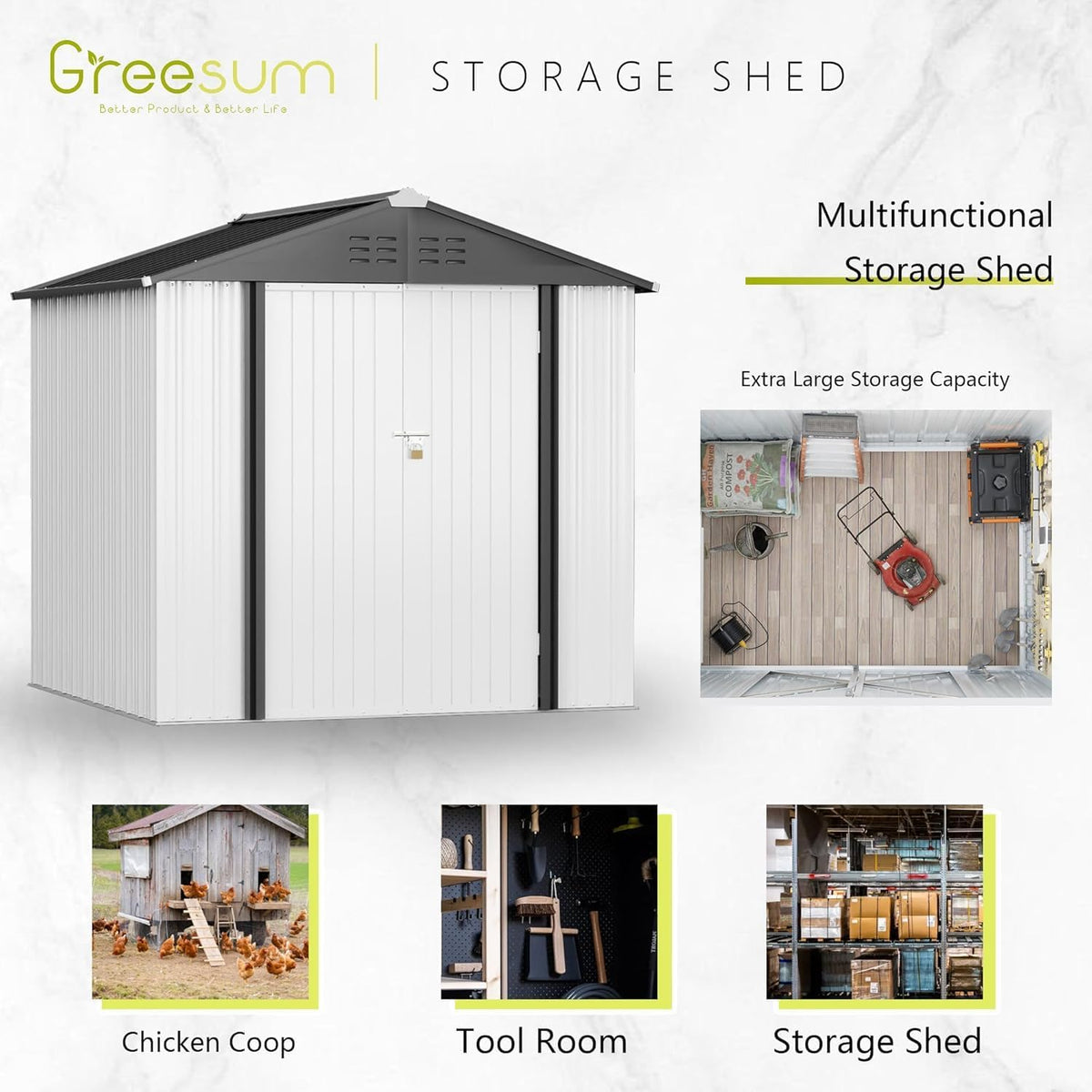 greesum 6x4ft outdoor storage shed, utility tool shed, package contents