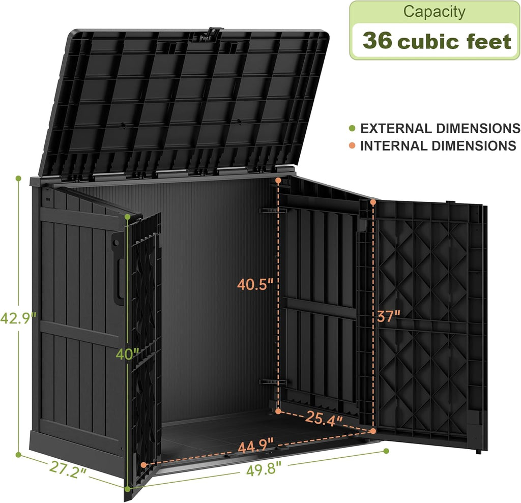 36 cu ft horizontal resin storage shed, weatherproof shown in use