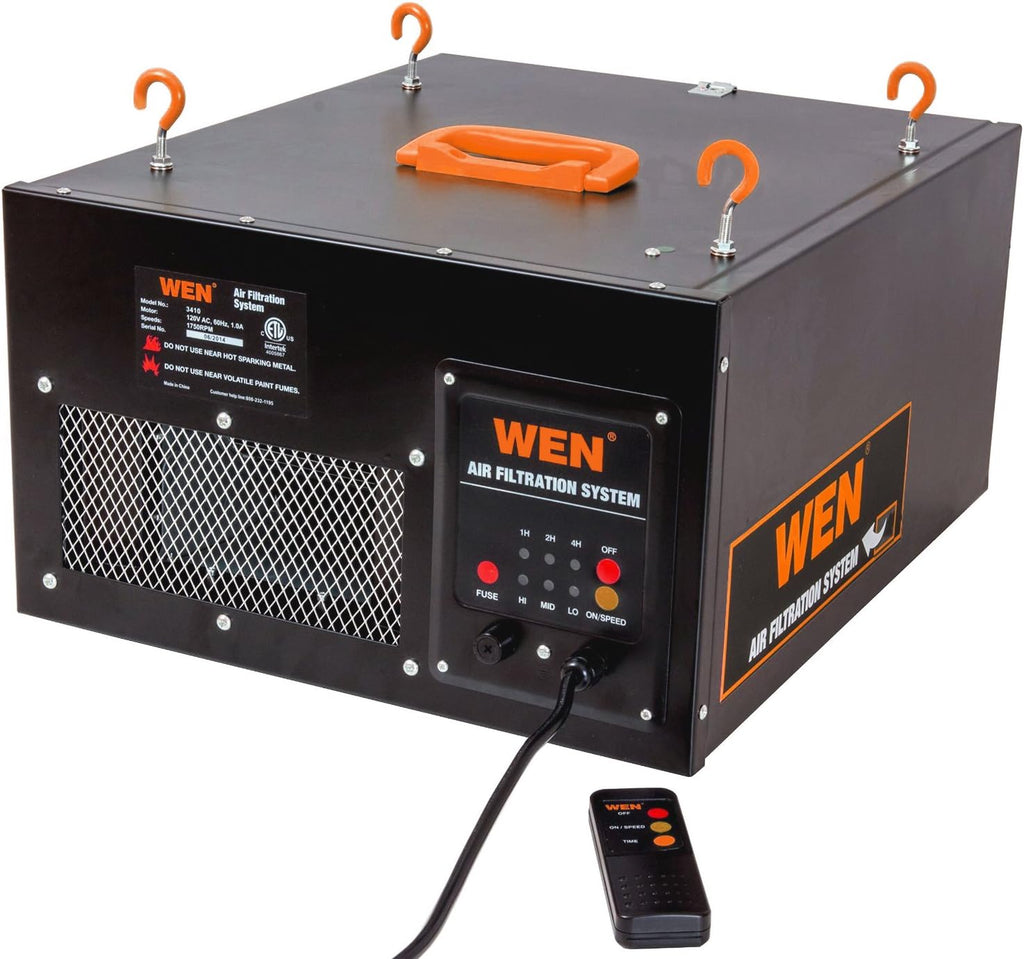 WEN Activated Carbon Air Filters & Activated Carbon Air Filters, 5-Micron Inner Filter & 3410 3-Speed Remote-Controlled Air Filtration System (300/350/400 CFM), Basic w/RF Remote (400 CFM), Black