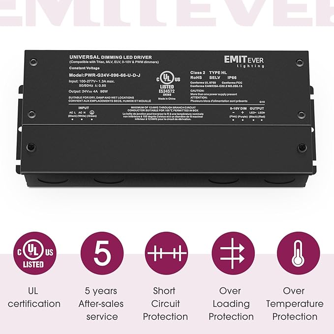 EMITEVER Dimmable Led Driver, 2 Packs 96W AC 110V-277V to DC 24V Transformer