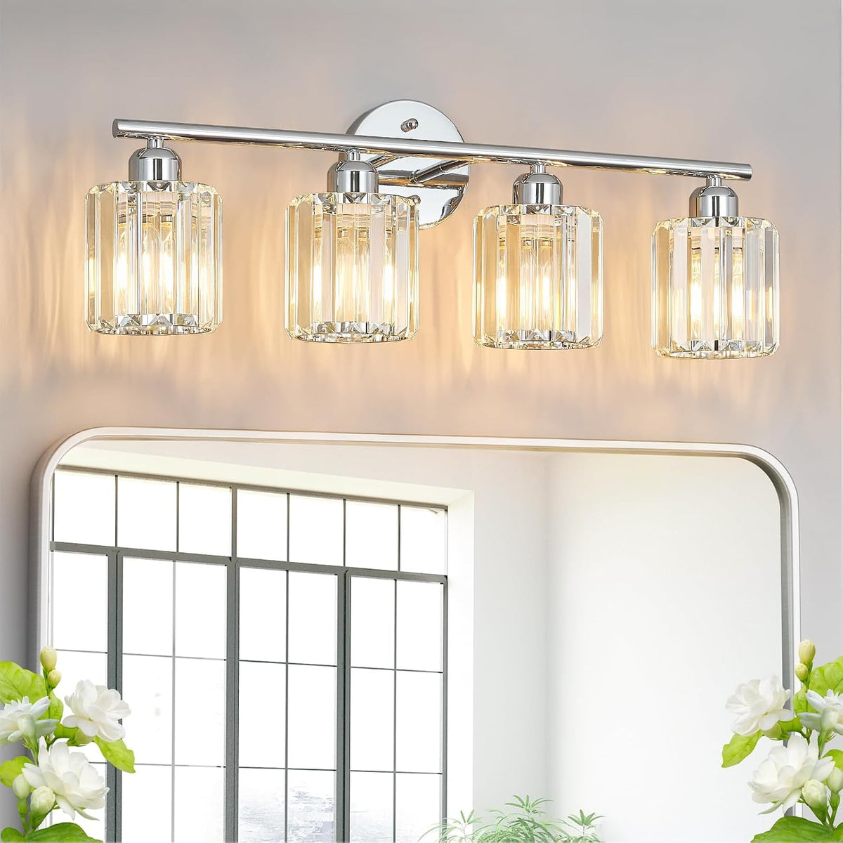 FDPBY Modern 4 Light Crystal Vanity Light, Chrome Vertical Bathroom Light