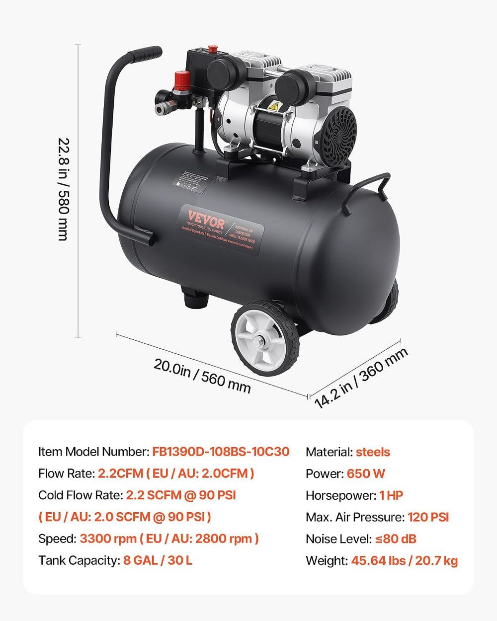 VEVOR Air Compressor, 8 Gallon Steel Tank, 1HP 2.2 CFM@90 PSI Oil Free Air Co...