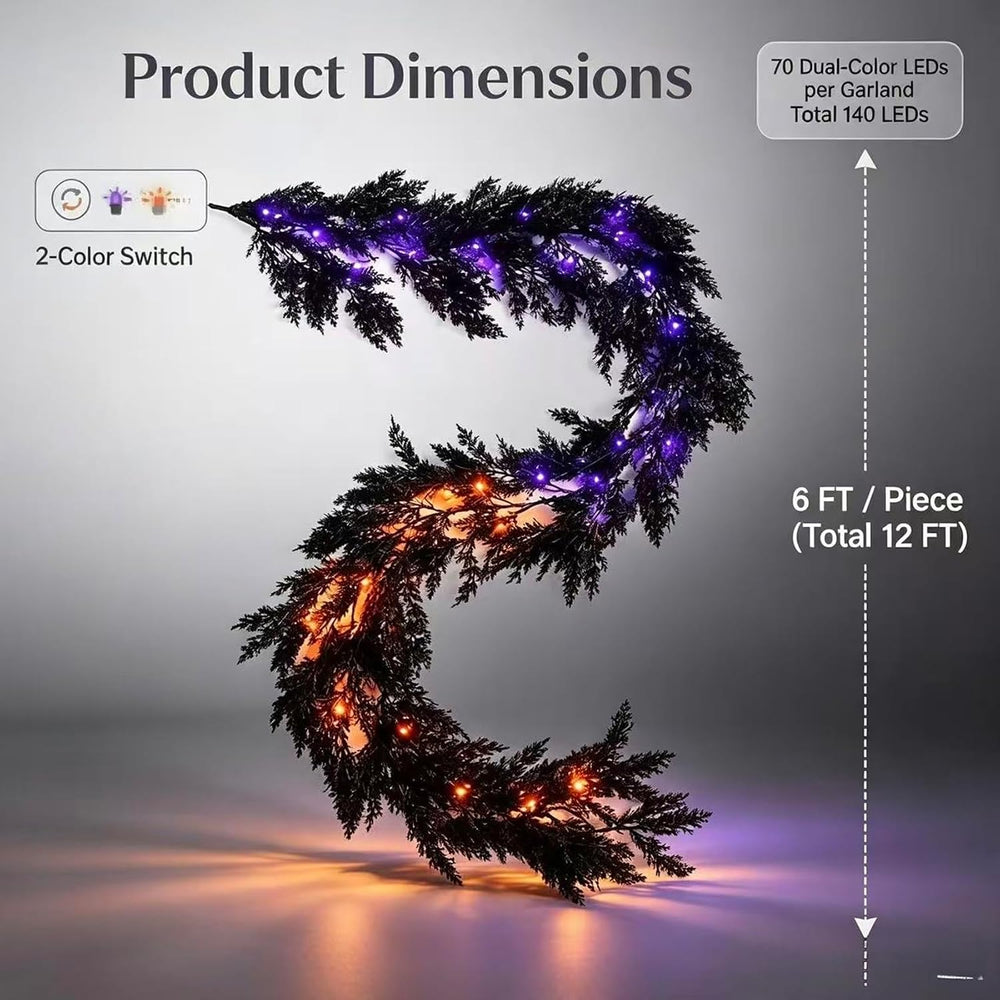 6 FT Prelit Black Halloween Garland, 30 LED Purple Orange