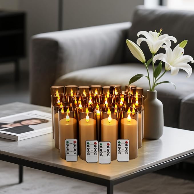 Halloween Decoration Flickering Flameless Candles Battery Operated Timer Led Pillar Candles with Realistic Moving Wick Candles for Home Decor 24 Pack (D2.2 xH 5" 6" 7")(Grey)