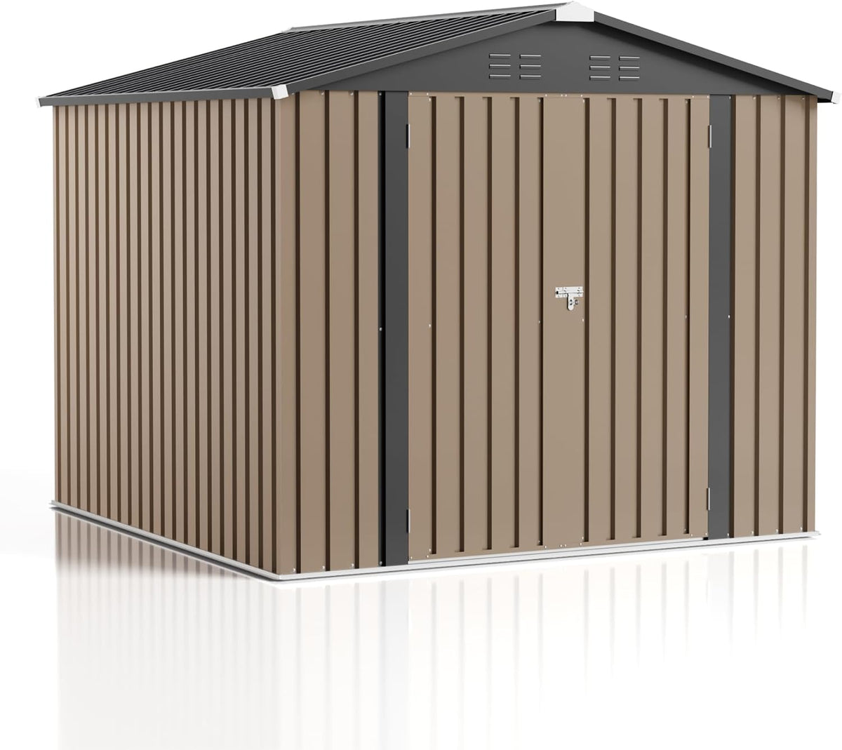 jummico 8x8 ft outdoor storage shed, tool metal on a desk or shelf
