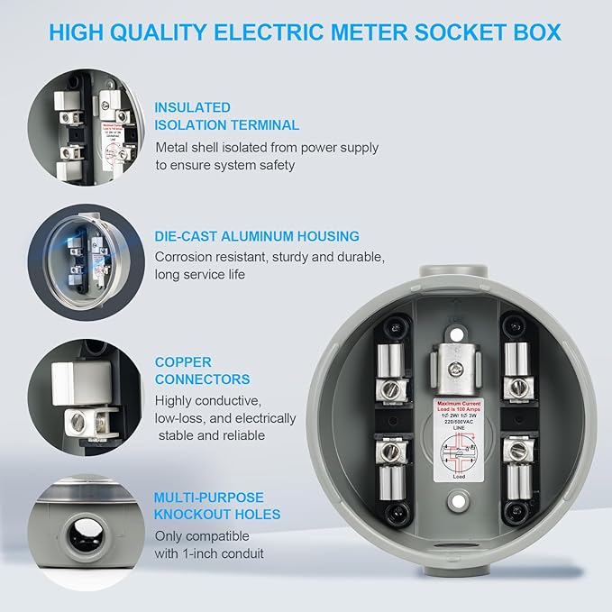 100 Amp Meter Socket, 4 Jaw Meter Base, 240V 3 Wire Ring Type,