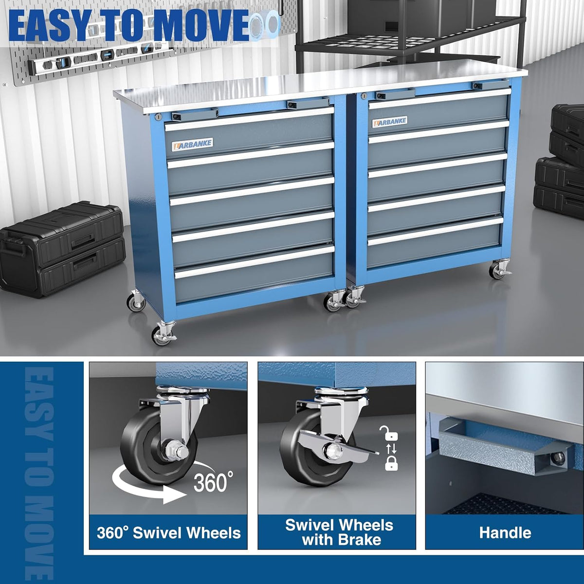 larbanke 5-drawer rolling tool chest with stainless countertop,tool showing dimensions