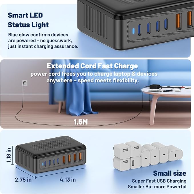 200W USB C Charging Station, 8-Port GaN USB C Charger Block, PD 65W Desktop