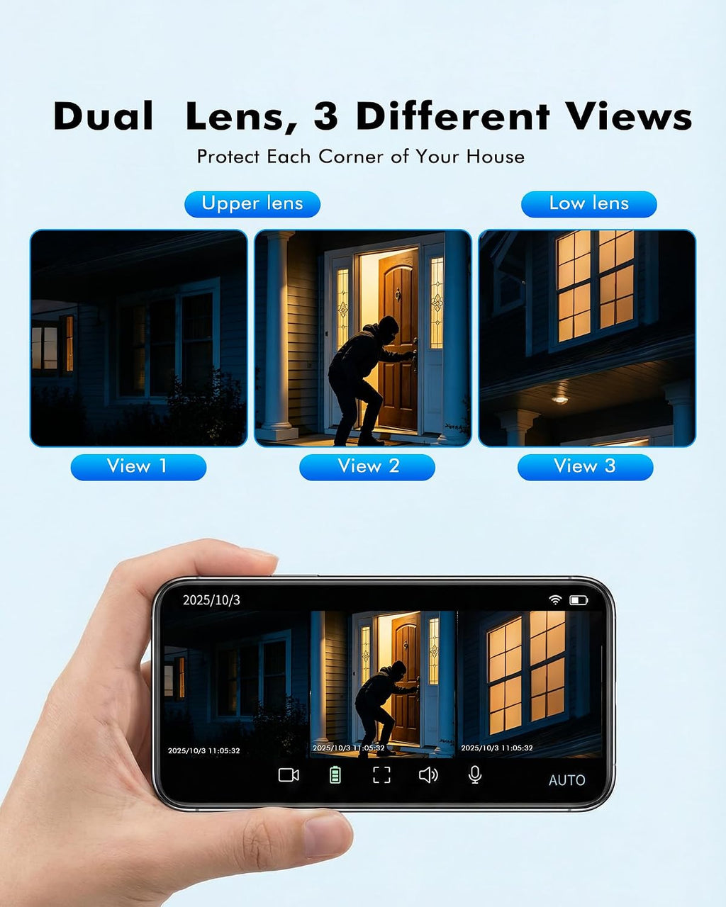 kepeak solar security camera outdoor wireless, dual lens, side view