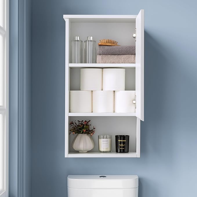 Bathroom Wall Cabinet with Single Door, Soft-Close Hinges, 15x27 inch Wooden