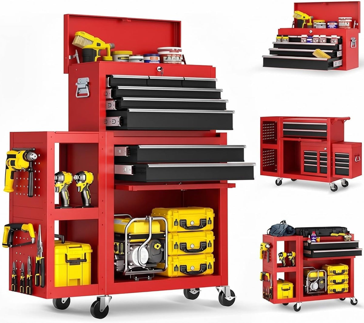 8-Drawer Rolling Tool Chest,3-in-1 Tool Box on Wheels with Lockable Steel Cabinet, Detachable Top Toolbox & Bottom Storage Cart with Additional Cabinet for Repair Room,Warehouse,2026 Red