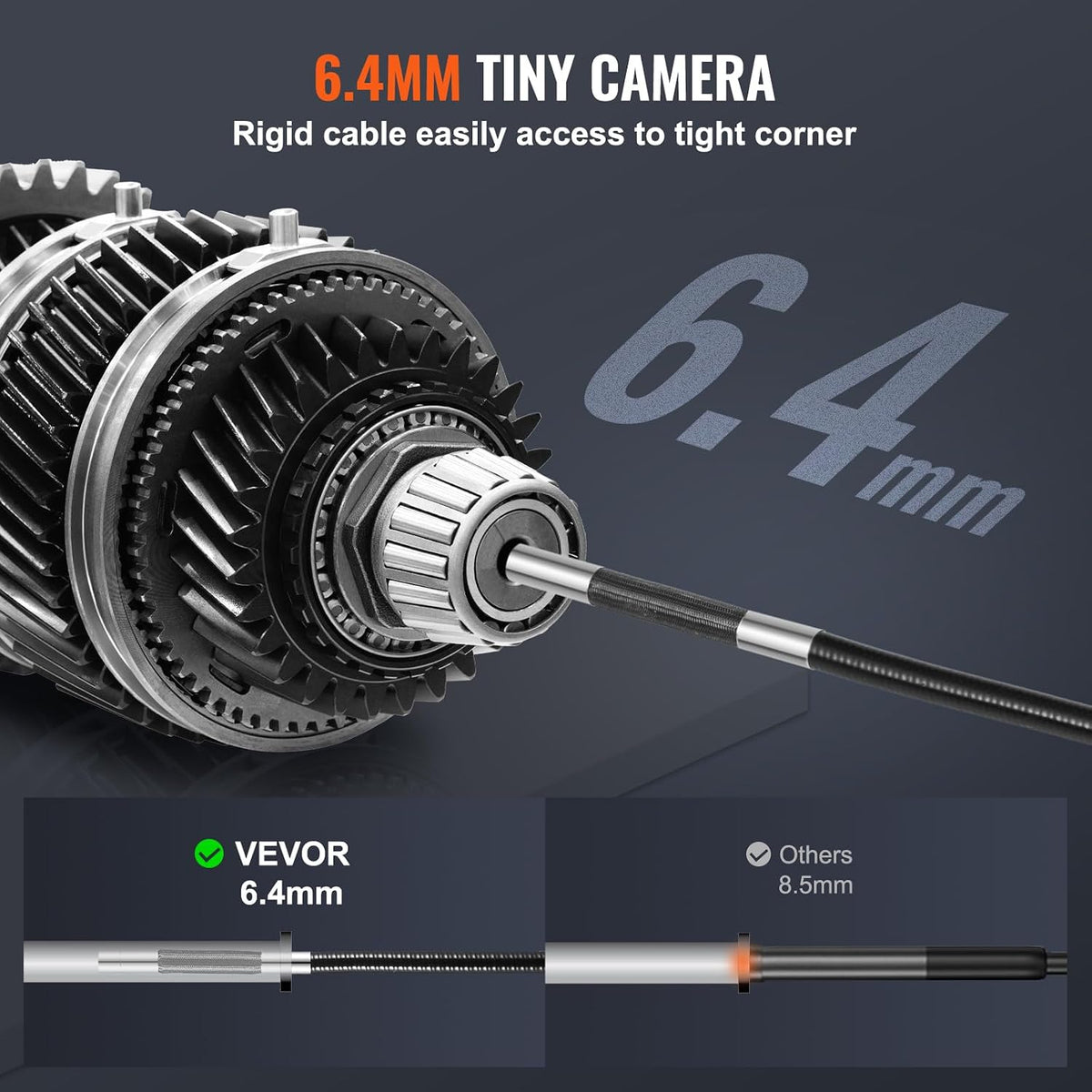 vevor 2-way articulating borescope camera with light &, close-up detail