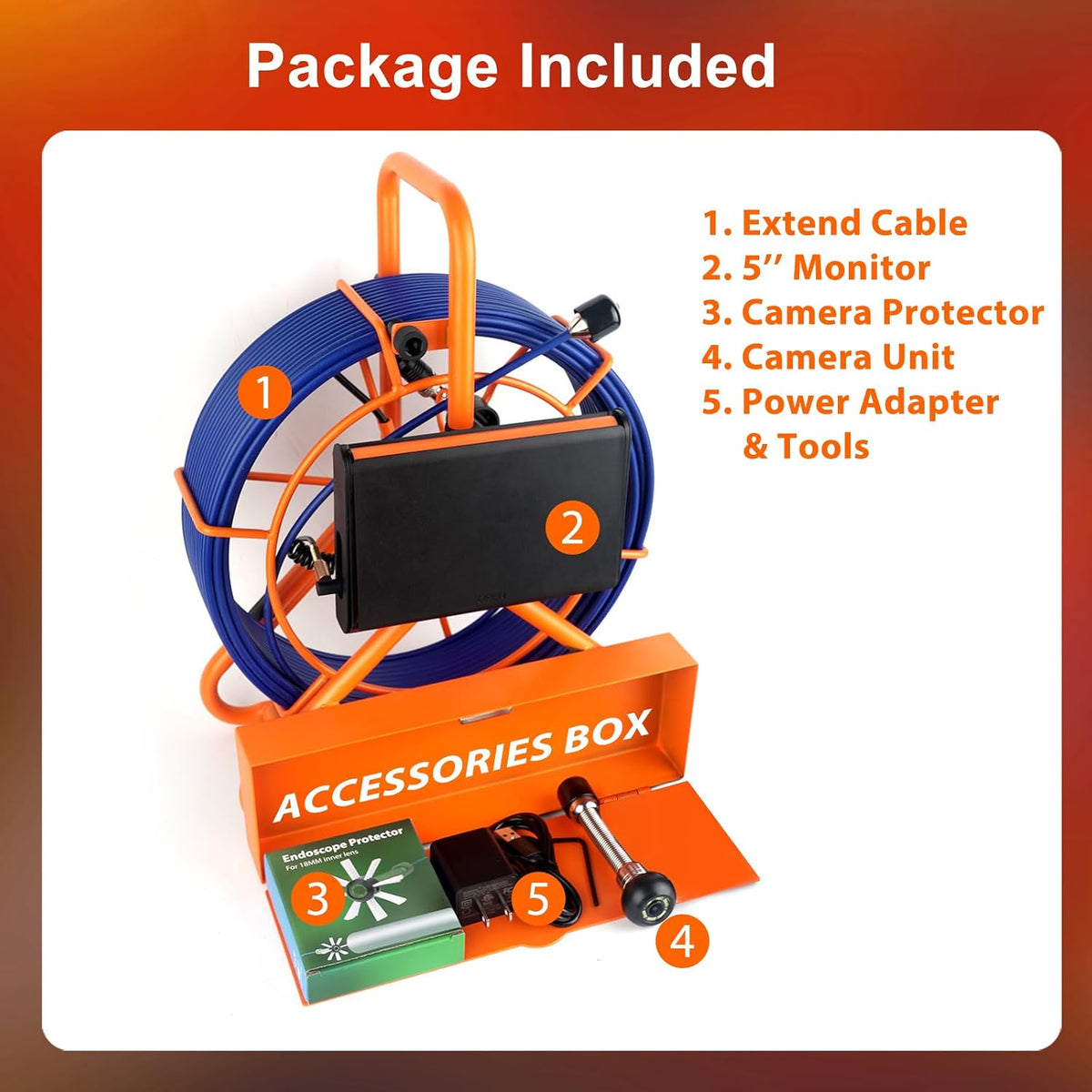 sewer camera 100ft/30m pipe inspection borescope endoscope camera, package contents