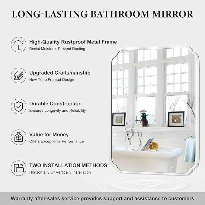 White Bathroom Vanity Mirror for Over Sink 30" x 40" Modern Rounded Corner