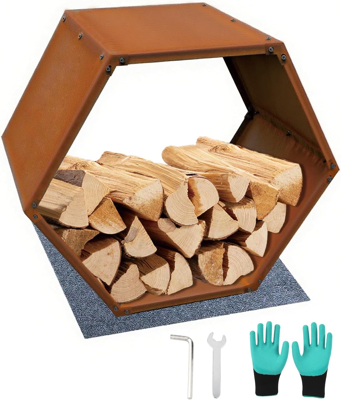 Firewood Rack Outdoor, Corten Steel Hexagon Firewood Holder, Rustic