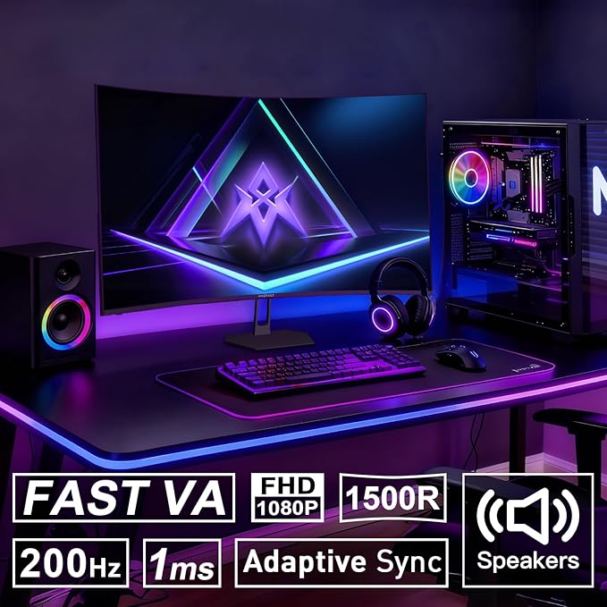 Amzfast 27 inch 200Hz Curved Gaming Monitor, FHD 1080P Computer Monitor
