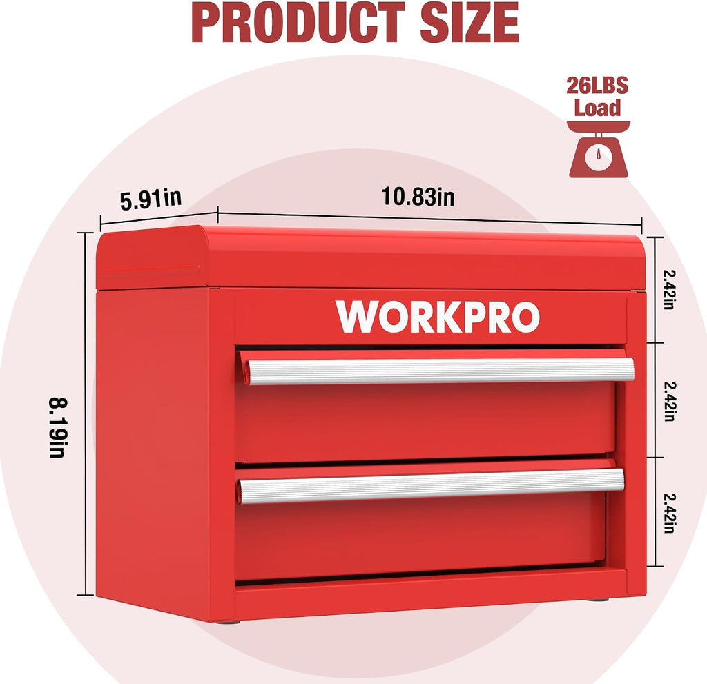 WORKPRO Mini Metal Tool Box with 2 Drawers and Top Storage