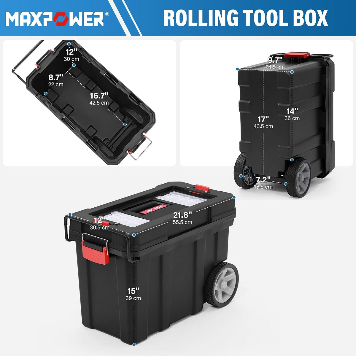 maxpower rolling tool box with wheel, lockable deep shown in use