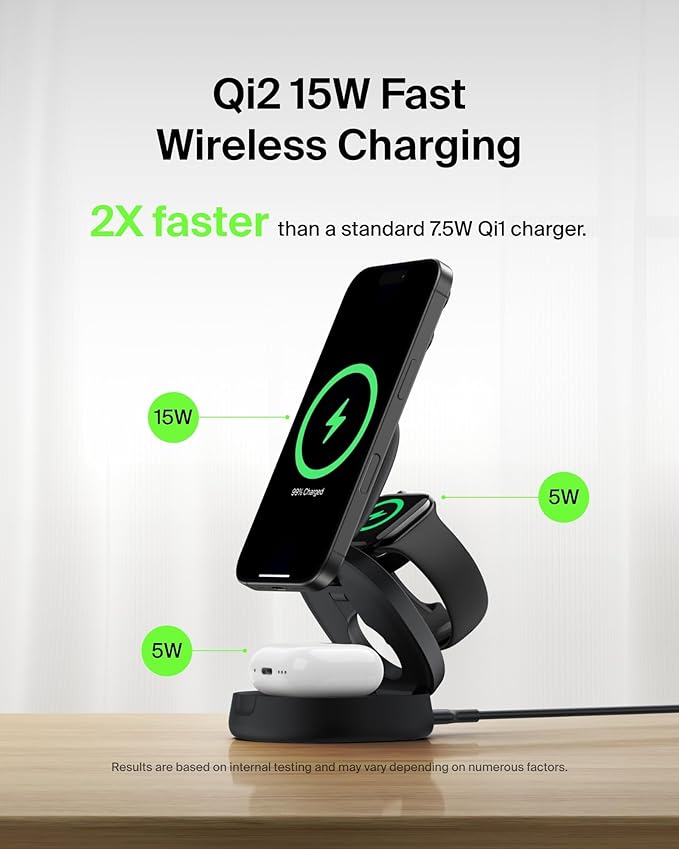 Belkin MagSafe Charger Compatible, 3-in-1 Qi2 15W Wireless Charging Station