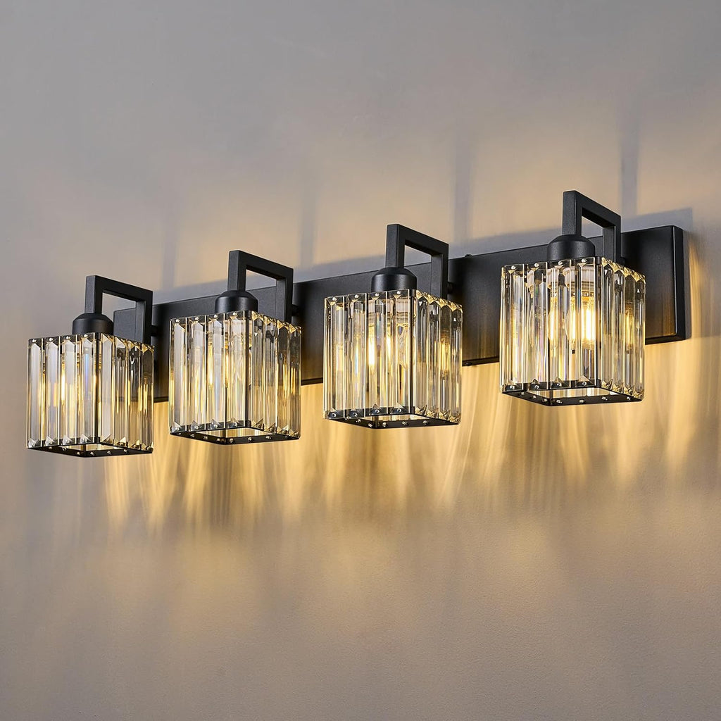 FDPBY Black Bathroom Light Fixture, 4-Light Crystal Vanity Lighting, Bathroom