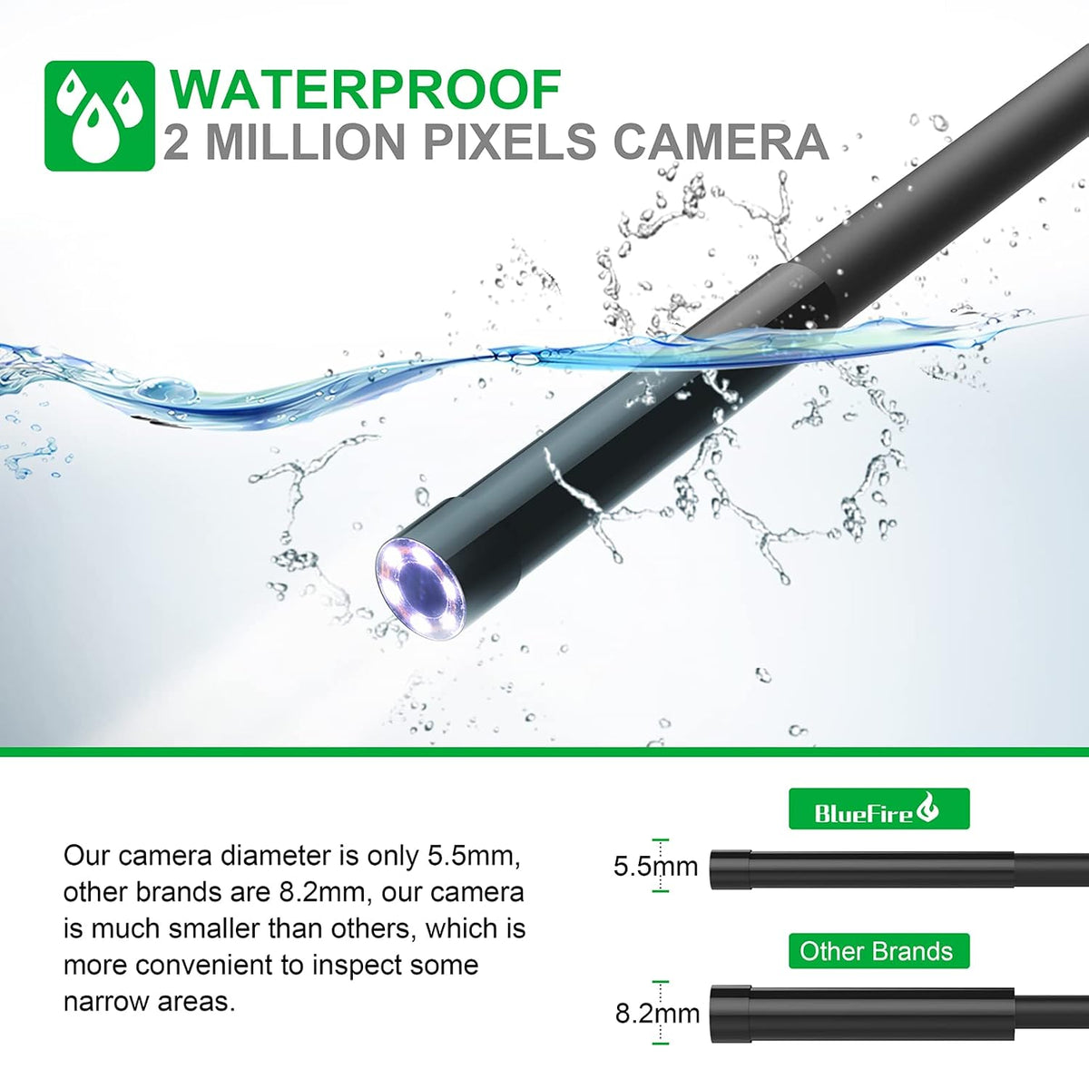 bluefire 1080p wireless endoscope camera, 5.5mm hd borescope, close-up detail