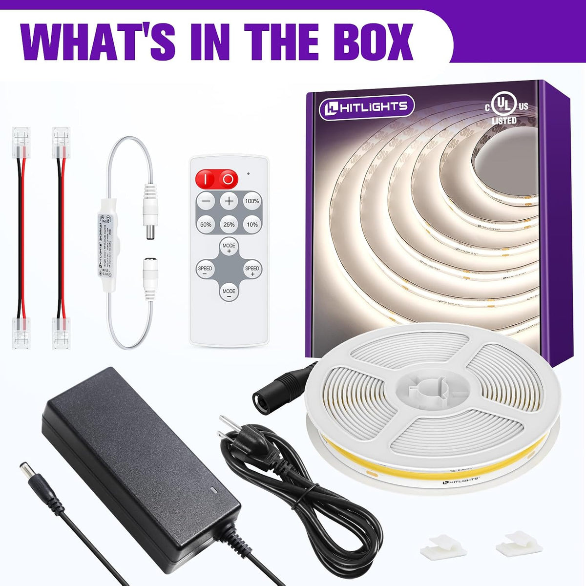 hitlights cob white led strip lights kit on a desk or shelf