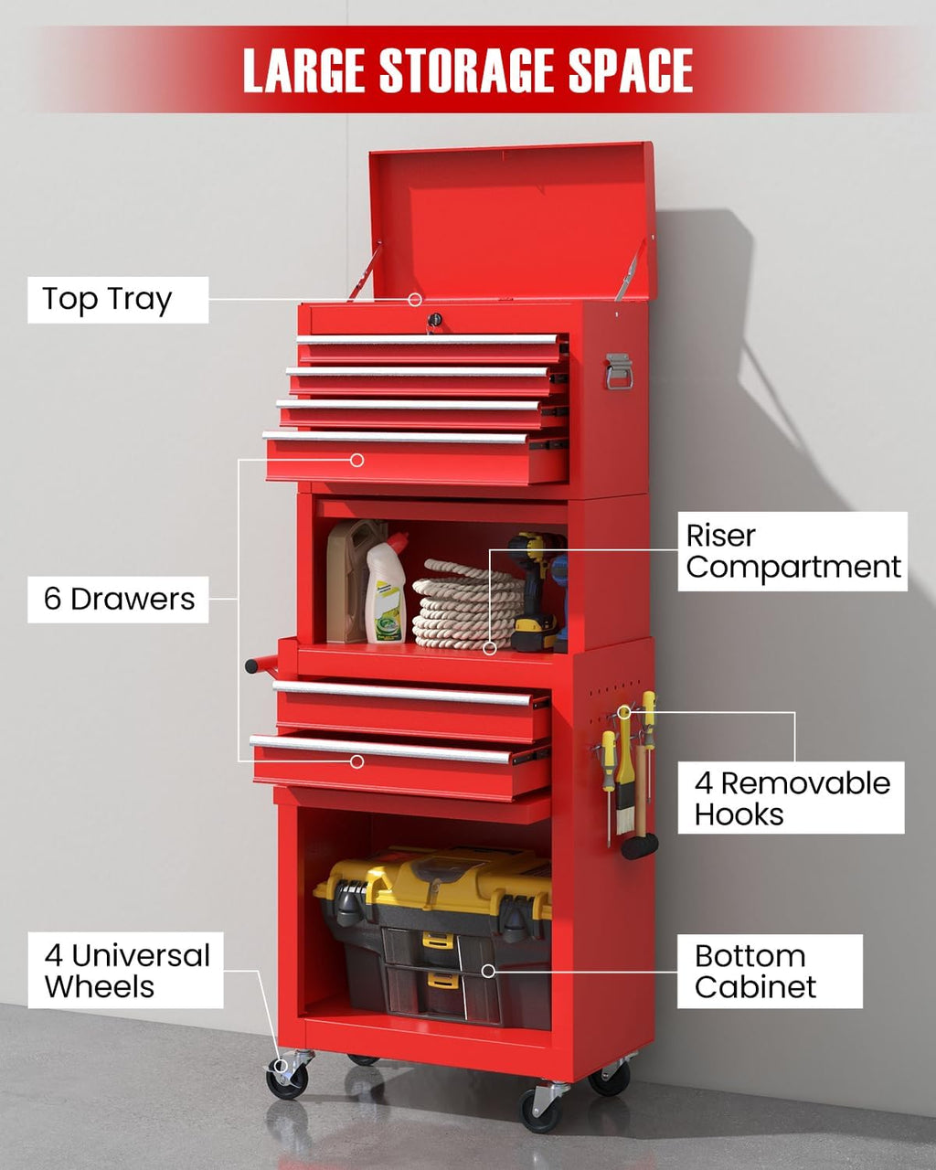 arnot 2-in-1 rolling tool chest with 5 drawers, side view