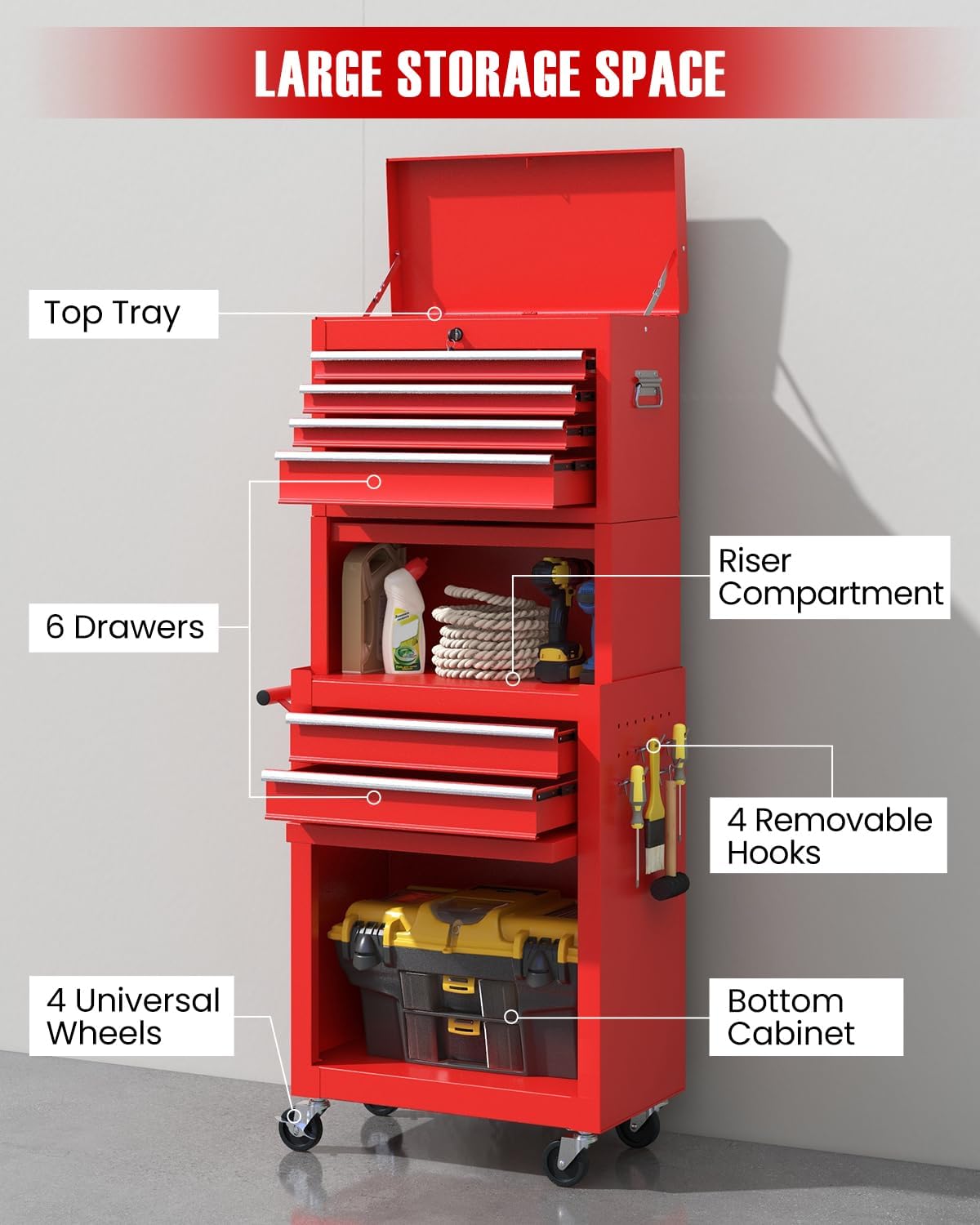 arnot 2-in-1 rolling tool chest with 5 drawers, side view