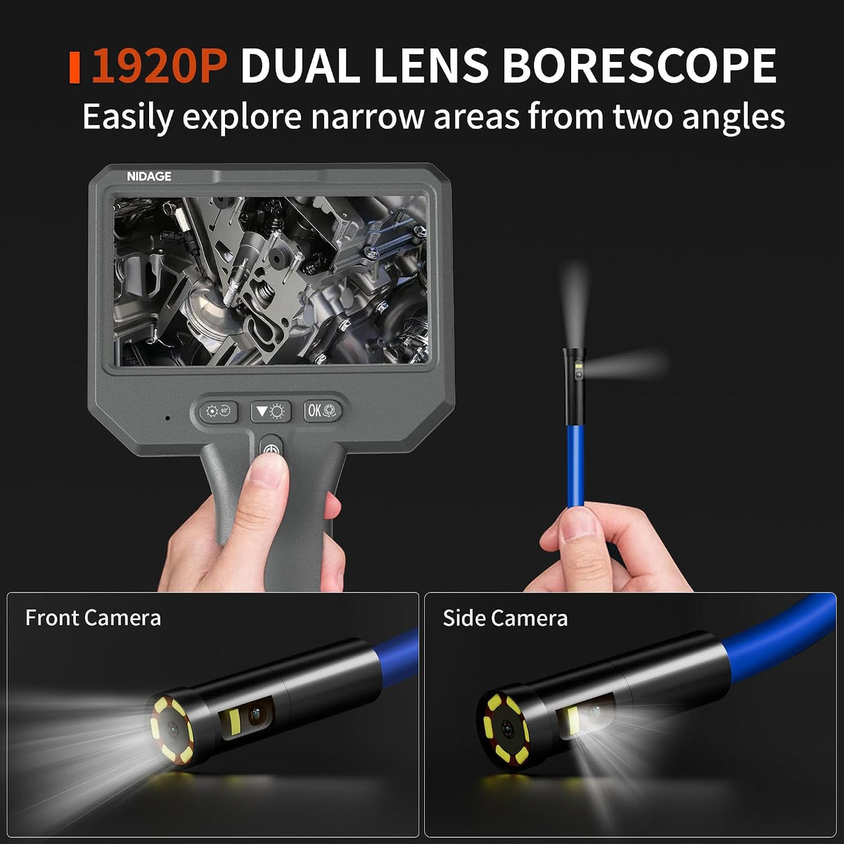 dual lens endoscope camera with light, 1920p industrial shown in use