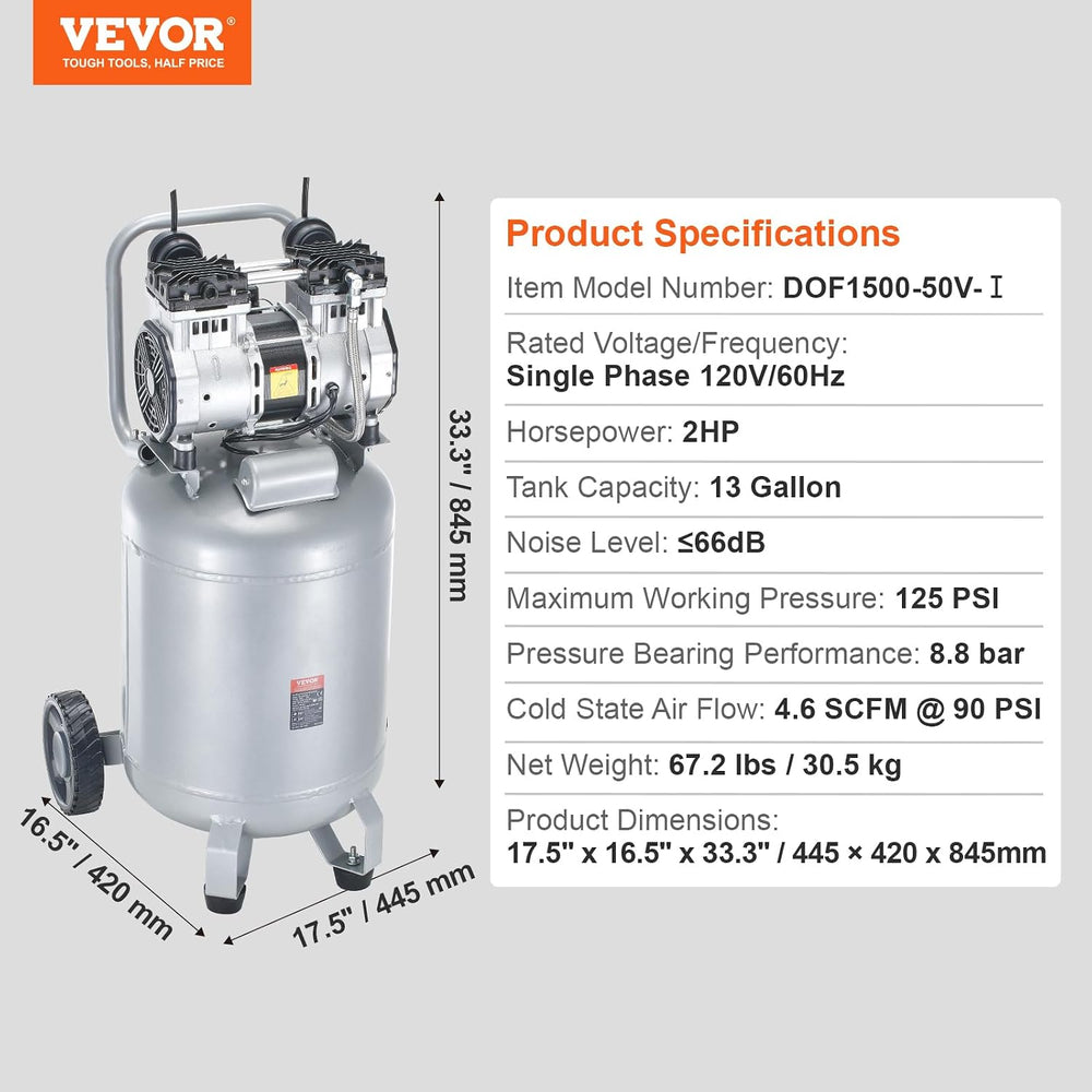 VEVOR 13-Gallon Air Compressor, 2HP, 4.6 SCFM@90PSI, Oil-Free Tank, 66dB Quie...