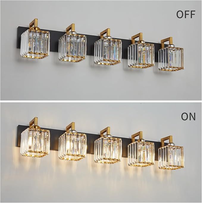 FDPBY Modern Bathroom Vanity Light 5-Lights Black Gold Crystal Wall Lamp