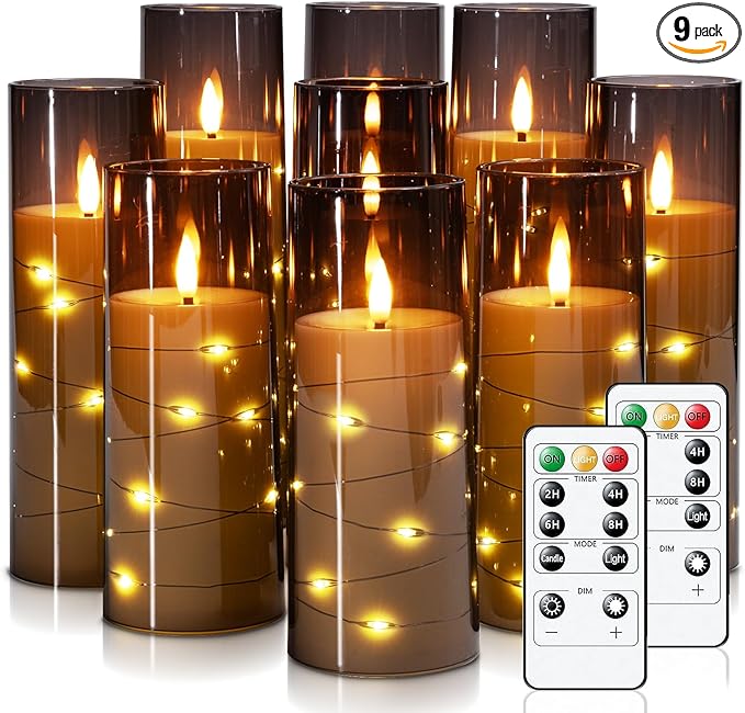Raycare Flameless Candle with Remote Timer – 9 Flickering Acrylic Battery Operated LED Pillar Candles with Embedded Star String for Halloween, Fall Decor, Harvest Festival Gifts(Grey) (9 Pcs)