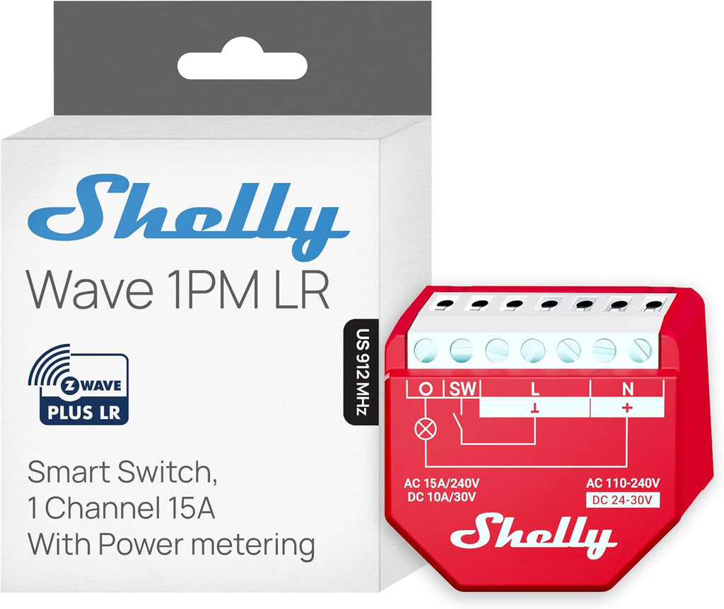 Shelly Wave 1PM US LR UL | Z-Wave Long Range Smart Switch Relay, 1-Channel 15 A