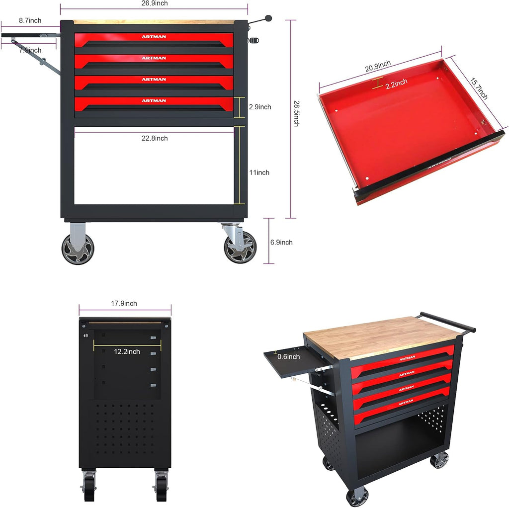 lockable 4-drawer rolling tool chest with wooden top, close-up detail