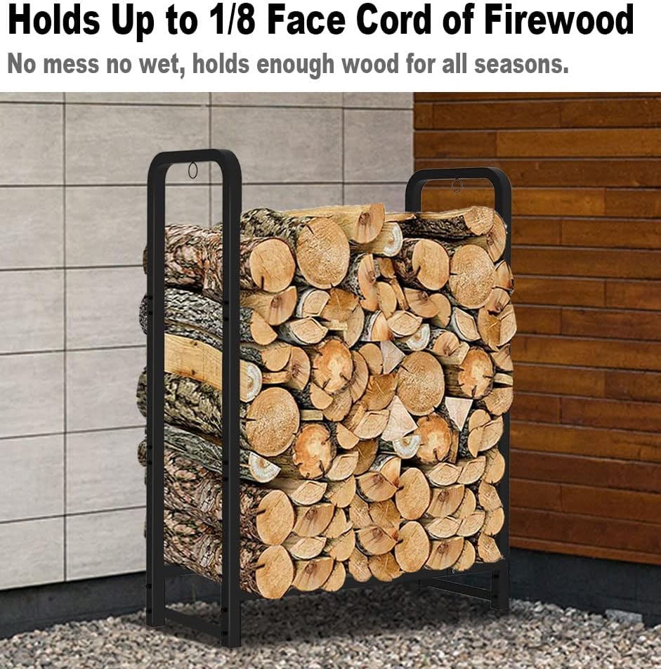 Firewood Rack Stand 2ft Heavy Duty Logs Holder for Outdoor Indoor Fireplace Metal Wood Pile Storage Stacker Organizer, Matte Black
