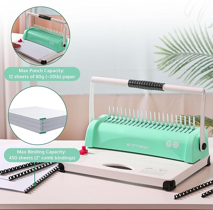 OFFNOVA Binding Machine, 21-Hole 450 Sheets Paper Comb Binding Machine (100 PCS)