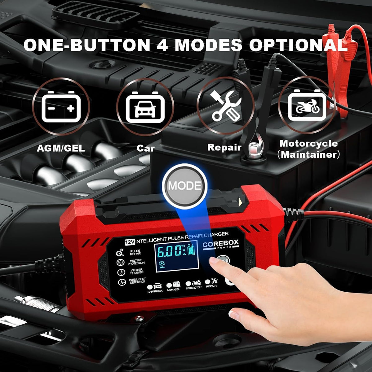 corebox battery charger 6-amp 12v automatic smart battery, side view