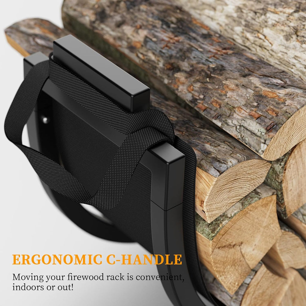 Elbourn Firewood Rack, 24 Inch Indoor Fireplace Log Holder with Carrier, Thickened Metal Rustproof Wood Storage Rack