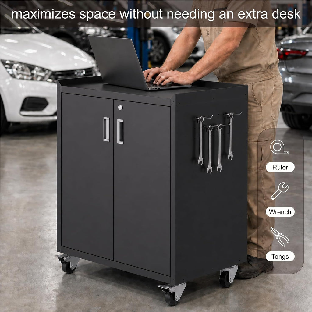 washsemba metal garage storage cabinet with wheels ，lockable, side view