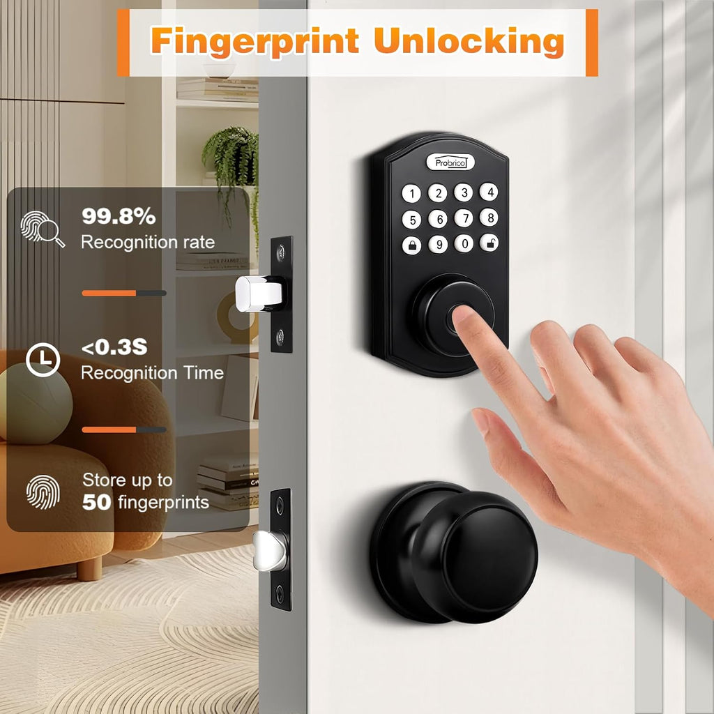 probrico smart keyless entry door lock with knob showing dimensions