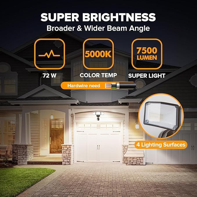 LUTEC 2 Pack 72W 7500LM LED Security Lights Motion Sensor Light Outdoor