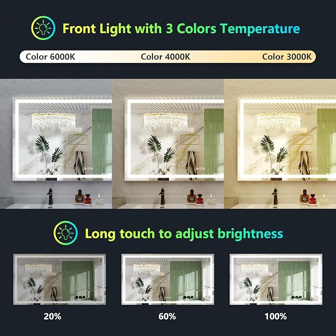 YEELAIT 65x36 Inch RGB LED Bathroom Mirror Front Light and RGB Backlit Lighted